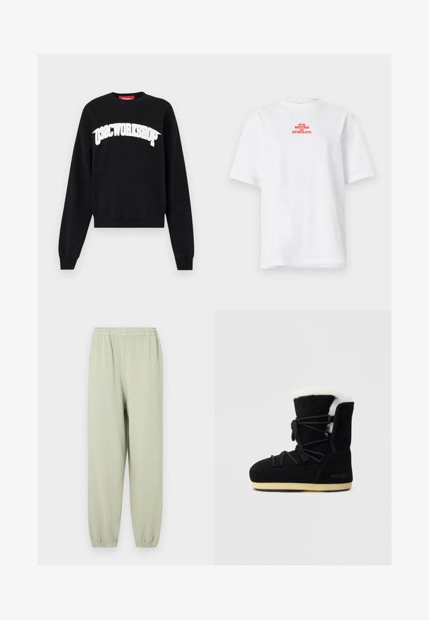 Sweatshirt noir en coton, avec une impression courbée blanche "038CWORKSHOP" sur la poitrine, des poignets côtelés et un col ras du cou.; T-shirt blanc à manches courtes avec texte rouge "C'EST MIEUX À STIEGLITZ" centré près de la partie supérieure de la poitrine.; Pantalons de jogging en mélange de coton vert clair avec une taille élastique et des chevilles resserrées. Texture lisse et design minimaliste. Pas de motifs visibles.; Botte en suede noire avec une doublure en fourrure blanche, présentant un laçage à l'avant, un support de cheville rembourré et une semelle en caoutchouc pour l'adhérence.