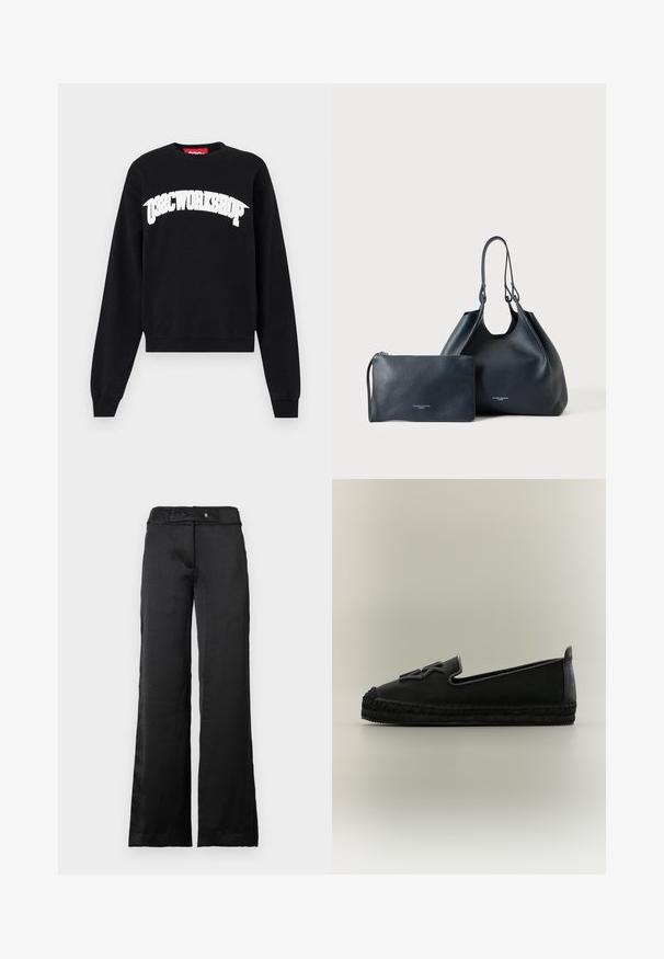 Schwarzer Pullover aus Baumwolle, mit einem gebogenen weißen "038CWORKSHOP"-Druck auf der Brust, gerippten Bündchen und rundem Halsausschnitt.; Schwarze Weitbein-Hosen mit glatter Textur, ausgestattet mit einem Bund und einem Knopfverschluss. Einfaches Design, geeignet für verschiedene Anlässe.; Schwarze Espadrille zum Hineinschlüpfen mit geflochtener Jute-Sohle und tonalem, strukturiertem Logo auf dem Obermaterial, dargestellt vor hellem, neutralem Hintergrund.; Schwarze, strukturierte Lederhandtasche mit Doppelgriffen neben einem passenden Reißverschlusstäschchen, beide auf hellem, einfarbigem Hintergrund.