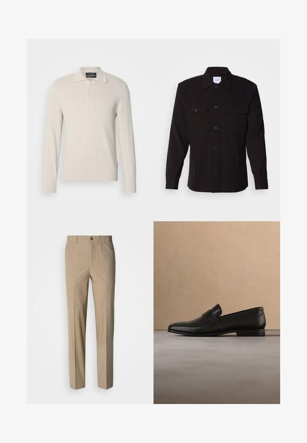 Pull col polo à manches longues beige clair en tricot doux avec une finition texturée, doté d'un col classique et d'une patte de boutonnage à trois boutons.; Chemise noire à manches longues avec un col structuré, une fermeture à boutons sur le devant et deux poches poitrine. Fabriquée dans un tissu uni au toucher lisse.; Pantalon beige à motif à carreaux avec une coupe droite, doté d'une fermeture par bouton et d'une texture de tissu lisse.; Mocassin en cuir noir présenté en lévitation au-dessus d'un tapis beige avec un canapé beige en arrière-plan.