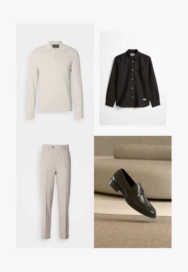 Pull col polo à manches longues beige clair en tricot doux avec une finition texturée, doté d'un col classique et d'une patte de boutonnage à trois boutons.; Chemise noire à manches longues avec boutons, une poche poitrine unique, un col pointu, et une petite étiquette blanche près de l'ourlet inférieur sur fond blanc.; Pantalons en laine beige clair avec une texture lisse, coupe droite, plis sur le devant et fermeture à un bouton à la taille.; Mocassin en cuir noir flottant au-dessus d'un tapis beige avec un canapé beige en arrière-plan, mettant en valeur le design classique pour hommes sans lacets.