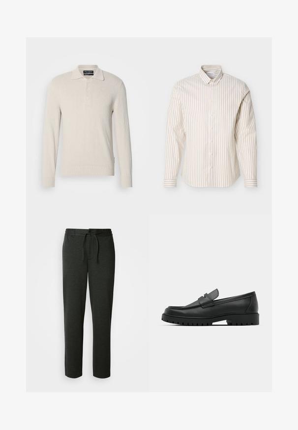 Lys beige langærmet polo sweater i blødt strik med struktureret overflade, der har klassisk krave og tre-knaps lukning.; Beige og hvid langærmet skjorte med lodrette striber og knapper foran, med en knaplukket krave, vist på en ensfarvet hvid baggrund.; Mørkegrå sweatpants lavet af en blød bomuldsblanding. Har elastisk talje med snor og sidelommer. Lige ben-design.; Sorte læder loafers med rund tå, der har et syet design, lav platformssål og en struktureret, skridsikker gummisål.