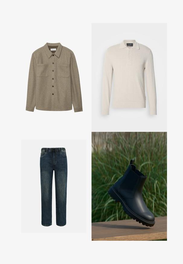 Pull col polo à manches longues beige clair en tricot doux avec une finition texturée, doté d'un col classique et d'une patte de boutonnage à trois boutons.; Chemise boutonnée en laine marron avec un col pointu, deux poches poitrine et des boutons noirs. Texture douce avec une coupe décontractée.; Jean en denim bleu foncé avec ceinture élastique et cordon noir et blanc, coupe droite, avec poches avant.; Bottine en cuir noir avec tirant et panneaux latéraux élastiques flottant au-dessus d'une surface en bois, herbe verte floue en arrière-plan.
