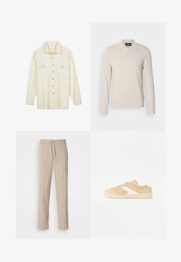 Pull col polo à manches longues beige clair en tricot doux avec une finition texturée, doté d'un col classique et d'une patte de boutonnage à trois boutons.; Chemise boutonnée de couleur crème en tissu doux. Elle comporte deux poches poitrine, un col et des boutons marron. Manches longues standard.; Pantalons beiges, coupe décontractée, fabriqués en tissu doux, dotés d'une taille élastique avec cordon de serrage et de jambes droites avec des accents minimalistes.; Baskets en suède beige avec des accents blancs, bout rond et fermeture à lacets. Tige texturée et semelle en caoutchouc avec un branding discret.