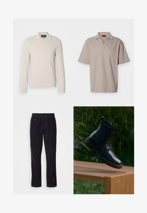 Hellbeige Langarm-Polo-Pullover aus weichem Strick mit strukturiertem Finish, ausgestattet mit einem klassischen Kragen und einer Drei-Knopf-Leiste.; Beiges Strick-Poloshirt mit kurzen Ärmeln, strukturiertem vertikalem Streifenmuster und offenem V-Ausschnitt.; Schwarze Cordhosen mit einem schmalen Bein-Design, elastischem Bund und subtiler vertikaler Rippstruktur. Keine sichtbaren Metallteile.; Schwarze Leder-Ankle-Boots mit glatter Oberfläche, runder Zehenform und Schnürung. Verfügt über eine robuste Sohle und eine kleine Schlaufe an der Rückseite.