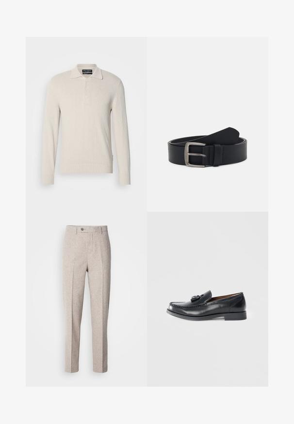 Lys beige langærmet polo sweater i blødt strik med struktureret overflade, der har klassisk krave og tre-knaps lukning.; Lys beige uldslynger med en glat tekstur, lige snit, frontfolder og en enkelt knaplukning i taljen.; Sorte læderloafers med moccasin-design, dekorativ syning, en forhøjet detalje på forsiden og en lavprofil sål.; Sorte læderbælte med en spænde i sølvmetal, der har en glat overflade og et klassisk design. Bæltet er rullet op med enden pegende.