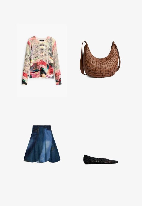 Trui met lange mouwen met abstract meerkleurig wervelend patroon in roze, rood, zwart, groen en beige tinten, ronde halslijn en geribbelde textuur.; Denim rok met een patchwork ontwerp in verschillende tinten blauw, uitlopende vorm en een zijzak. Gladde textuur en casual stijl.; Zwarte gehaakte ballerina met een spitse neus, voorzien van een geweven structuur en een subtiele voering, ontworpen voor comfort en ademend vermogen.; Bruine leren schoudertas met geweven patroon, gebogen vorm en verstelbare riem op witte achtergrond.