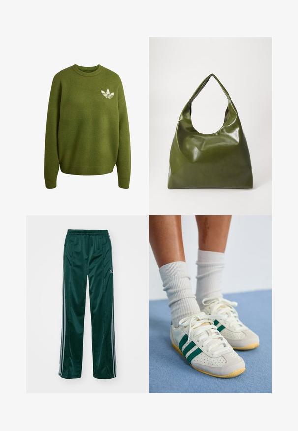 Jersey verde de punto con cuello redondo, mangas largas y logo blanco de Adidas Trefoil en el pecho izquierdo.; Pantalones deportivos de color verde oscuro, hechos de un material brillante, con franjas laterales en gris claro y un logotipo bordado en la pierna izquierda.; Pies con zapatillas blancas con rayas verdes y calcetines blancos de canalé que están sobre una alfombra azul claro.; Bolsa hobo verde de cuero con un diseño suave, asa curvada y textura lisa. No contiene hardware visible ni acentos.
