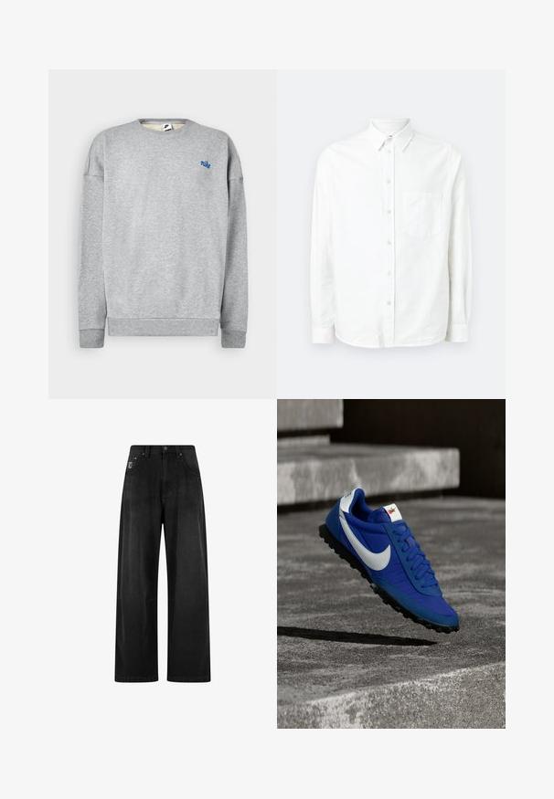 Grå sweatshirt lavet af en blød bomuldsblanding, med rund halsudskæring og ribbede manchetter, samt et lille blåt Nike-logo på brystet.; Hvid langærmet skjorte med knaplukning lavet af letvægtsstof. Har en frontlomme, klassisk krave og subtil tekstur.; Bredde ben sorte denim bukser med høj talje, der har fire lommer og et lille logo-tag på forsiden. Glat tekstur, enkel design.; Blå Nike-sneaker med hvid swoosh-logo, sort sål og snørebånd, svævende over grå betontrapper i udendørs omgivelser.