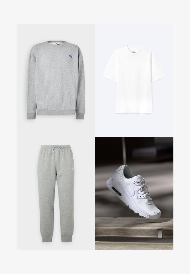 Grå sweatshirt lavet af en blød bomuldsblanding, med rund halsudskæring og ribbede manchetter, samt et lille blåt Nike-logo på brystet.; Enkel hvid T-shirt med korte ærmer og rund hals med afslappet pasform, vist på en lys baggrund.; Grå joggingbukser lavet af blødt stof, med elastisk talje med snøre, tilspidsede ben og en lille hvid logo på siden.; Hvide Nike Air Max 90 sneakers med en overdel i mesh og læder, perforeret tåboks og en synlig luftenhed i hælen.