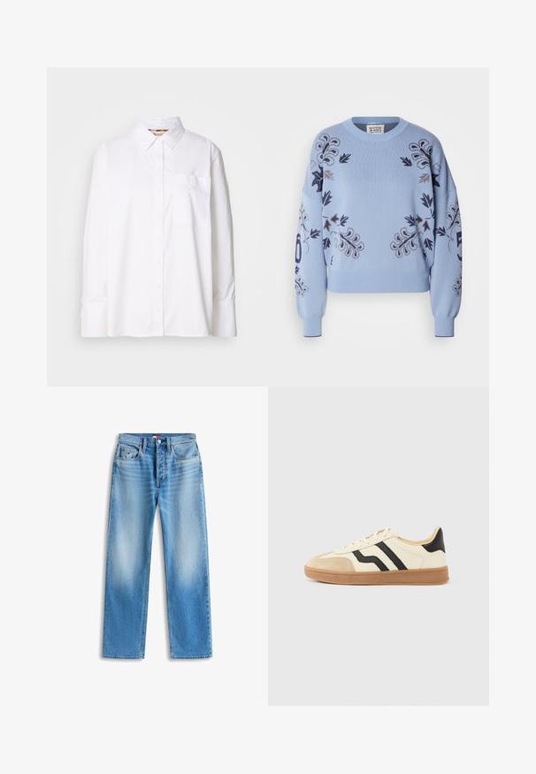 Scotch & Soda RELAXED PULLOVER - Strickpullover - faded denim; Weißes Baumwollhemd mit Knopfverschluss. Verfügt über einen Kragen, lange Ärmel, eine Brusttasche und eine dezente Textur. Schlichtes Design ohne Muster.; Hellblaue Jeans aus Denim mit geradem Bein, fünf Taschen und Knopfverschluss, flach auf weißem Hintergrund liegend.; Schnürsneaker mit cremefarbenem Obermaterial, schwarzen Streifen und einer Zehenkappe aus Wildleder, ergänzt durch eine braune Gummisohle.