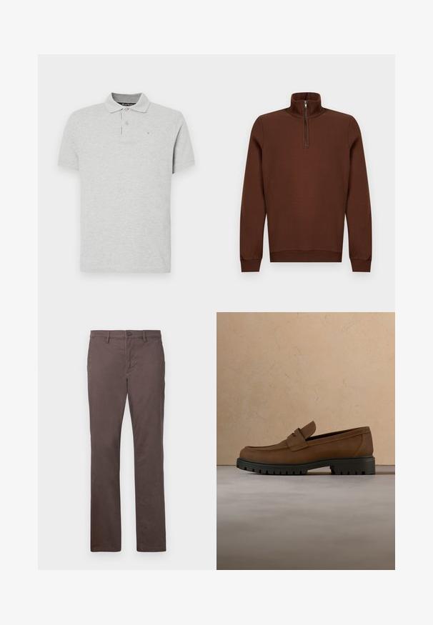 Pull-over marron à manches longues avec un col montant à demi-fermeture éclair et des poignets et un ourlet côtelés, présenté sur un fond uni.; Polo shirt à manches courtes gris clair avec col, patte de boutonnage à deux boutons et petit logo Barbour brodé sur la poitrine gauche.; Pantalon en coton marron avec une coupe droite, fermeture à bouton et poches avant. Texture lisse et lignes épurées.; Mocassin en cuir marron foncé avec semelle épaisse en caoutchouc noir présenté au-dessus d’un tapis beige et d’un canapé en arrière-plan.
