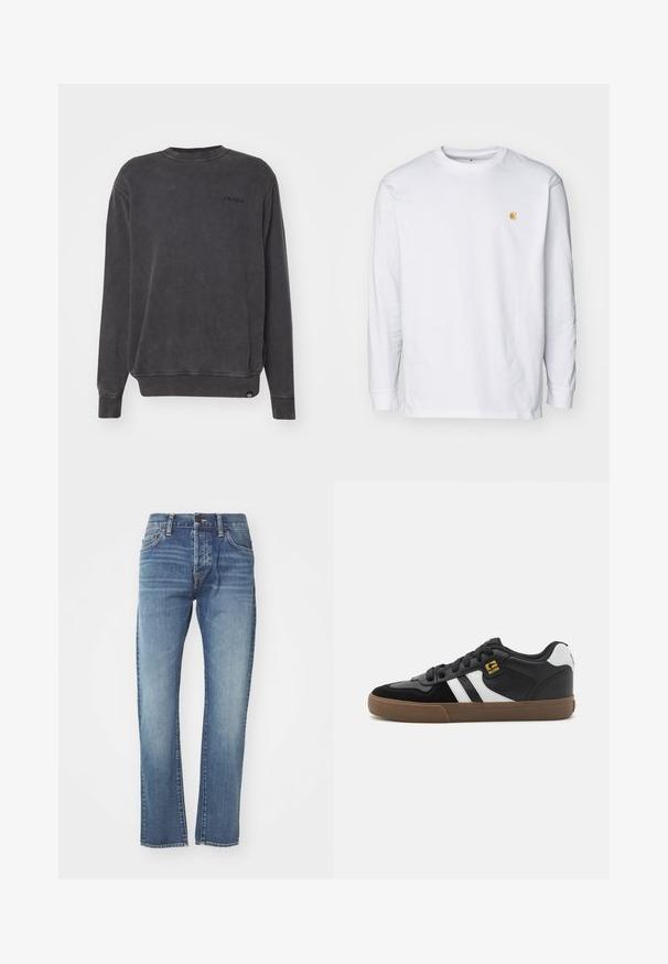 Dickies PLENTYWOOD - Pusa - black; Valge pika varrukaga T-särk, mis on valmistatud puuvillast. Rinnal on väike kuldne logo ja ümar kaelus. Lihtne disain ja standardne lõige.; Sinine teksariietega püksid sirge lõikega, keskmise pesu, viie tasku ja kerge kulumisega. Klasikaline vöökoht ja vöökohad on samuti olemas.; Mustvalged ja valged tossud, mille pealisosa on valmistatud sametist ja nahast, valgete triipudega, mustade paeltega ja pruunist kummist tallaga. Kuldse logo aktsendid.