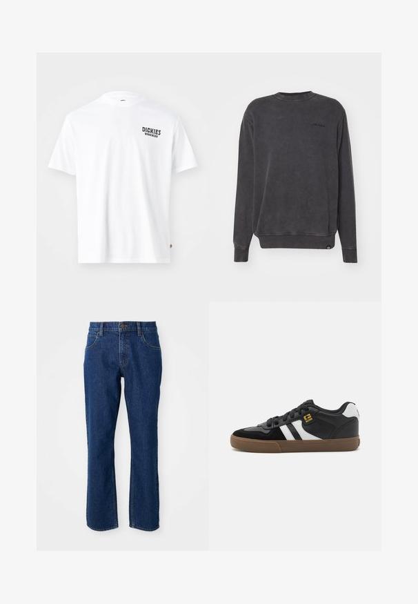 Dickies PLENTYWOOD - Pusa - black; Valge puuvillane T-särk ümmarguse kaelusega, lühikeste varrukatega ning vasakul rinnal väike must "Dickies Workwear" logo. Sujuv tekstuur, standardne lõige.; Tumedatest sinise denimi sirge säärega teksad, millel on esi- ja tagataskud, vöörihmade lokid ja nupuga sulgemine taljes.; Mustvalged ja valged tossud, mille pealisosa on valmistatud sametist ja nahast, valgete triipudega, mustade paeltega ja pruunist kummist tallaga. Kuldse logo aktsendid.