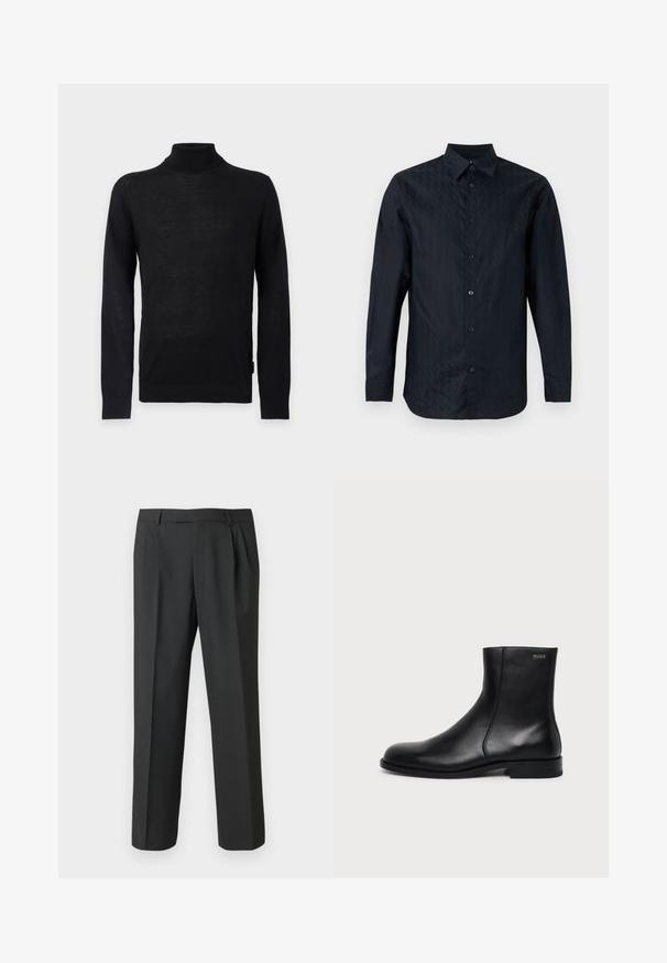 Pull noir à manches longues col roulé avec une silhouette ajustée présenté sur un fond gris clair.; Chemise noire à manches longues avec boutons et motif diamant subtil en relief, col pointu, présentée sur un fond clair uni.; Pantalon noir en tissu lisse, avec une coupe droite, un devant plissé et une taille standard avec passants pour ceinture.; Bottine en cuir noir à talon bas, couture latérale et petit logo "HUGO" sur le revers supérieur sur un fond uni.