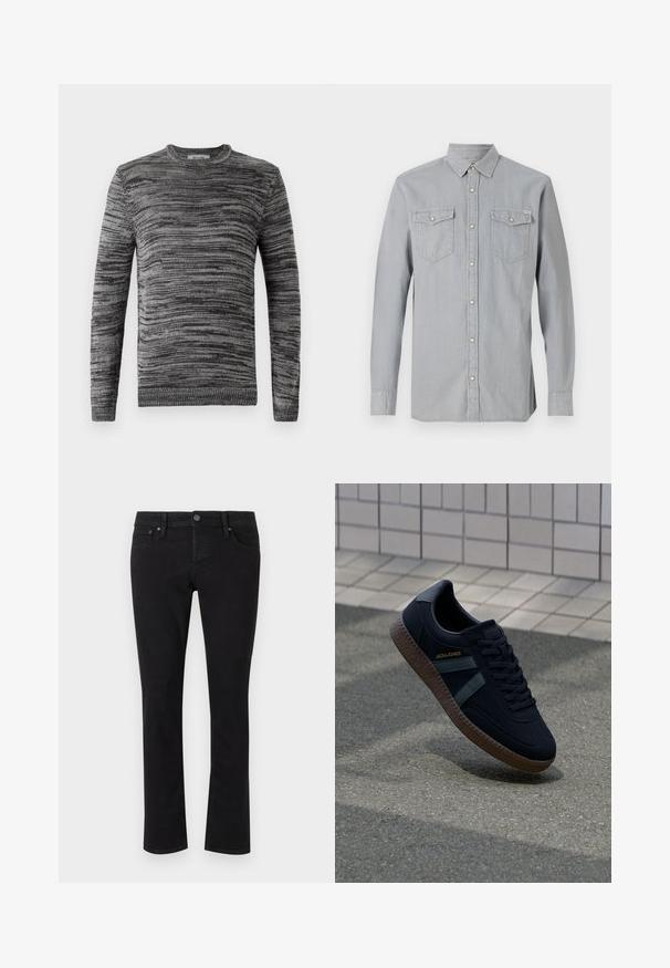 Pull gris avec un motif de tricot texturé. Col rond, manches longues et bords côtelés aux poignets et à l'ourlet. Des nuances variées de gris ajoutent de la profondeur au design.; Chemise en jean gris clair à manches longues, boutonnée sur le devant, avec deux poches poitrine à rabats et boutons, et un col pointu.; Jean en denim noir avec une coupe droite, design à cinq poches, fermeture à bouton en métal et détails de couture minimalistes. Texture lisse sur l'ensemble.; Baskets noires avec une surface texturée, rayures vert foncé et semelle en caoutchouc marron. Comprend des lacets et un logo sur le côté.