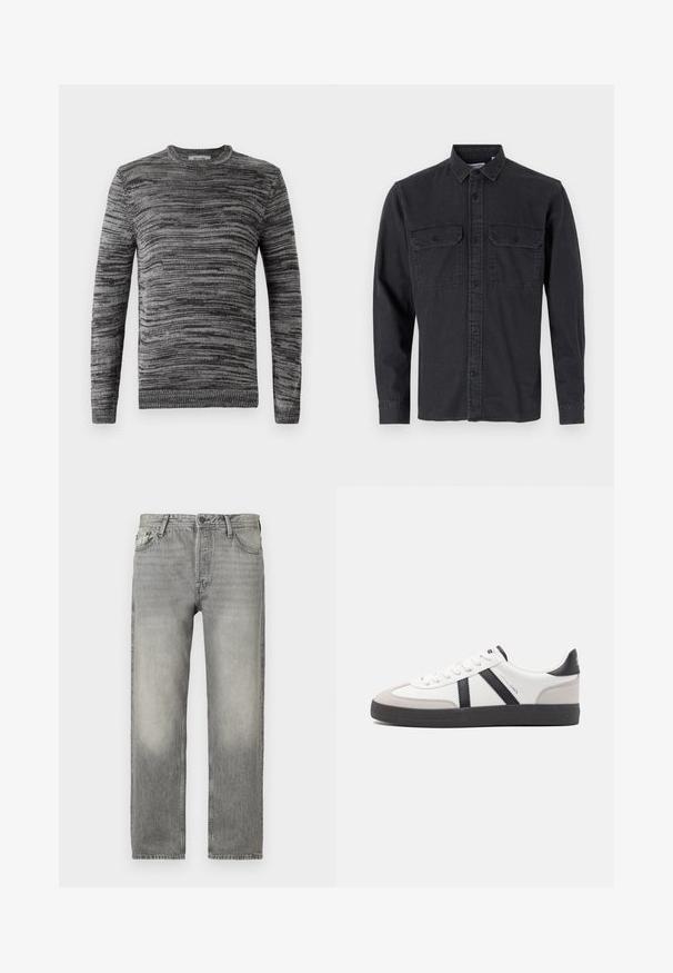 Pull gris avec un motif de tricot texturé. Col rond, manches longues et bords côtelés aux poignets et à l'ourlet. Des nuances variées de gris ajoutent de la profondeur au design.; Chemise à manches longues, de couleur gris foncé, à boutons, en mélange de coton, avec deux poches poitrine et col classique.; Jean en denim gris avec une coupe décontractée, présentant un délavage, un design à cinq poches, une fermeture à bouton et une coupe droite.; Baskets blanches avec des accents noirs et gris, présentant un embout texturé gris, une semelle en caoutchouc noir et des lacets plats blancs. Design épuré, style minimaliste.