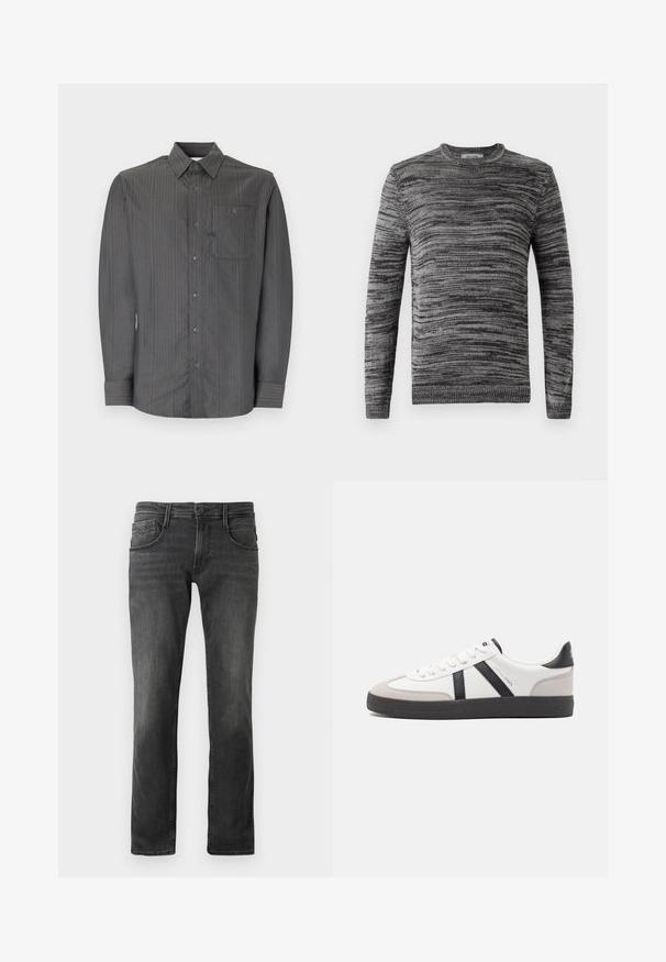 Grauer Pullover mit strukturiertem Strickmuster. Rundhalsausschnitt, lange Ärmel und gerippte Bündchen und Saum. Verschiedene Grautöne verleihen dem Design Tiefe.; Grau gestreiftes Langarmhemd mit Button-Down-Kragen und Brusttasche, ausgestattet mit kleinen Knöpfen und einem strukturierten Stoff.; Dunkelgraue Denim-Jeans mit geradem Beinschnitt, Fünf-Taschen-Design und subtilen Ausbleichungen. Vorderer Knopfverschluss und Gürtelschlaufen.; Weiße Sneaker mit schwarz- und grau-aczenten, ausgestattet mit einer strukturierten grauen Zehenkappe, schwarzer Gummi-Sohle und flachen weißen Schnürsenkeln. Sauberes Design, minimalistische Stil.