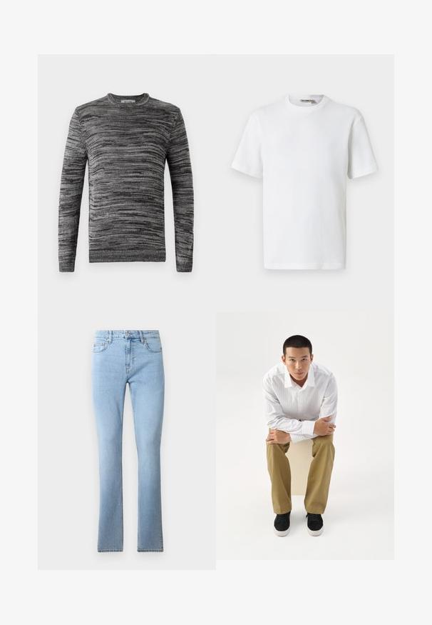 Pull gris avec un motif de tricot texturé. Col rond, manches longues et bords côtelés aux poignets et à l'ourlet. Des nuances variées de gris ajoutent de la profondeur au design.; T-shirt blanc à manches courtes en maille gaufrée avec col rond, petite étiquette de marque à l'intérieur du col, présenté sur un fond uni.; Jeans en denim bleu clair évasés avec une taille mi-haute, cinq poches et des coutures contrastées. Texture lisse avec une coupe classique.; Jeune homme en chemise blanche rayée et pantalon kaki assis penché en avant sur un tabouret, bras croisés, regardant droit devant sur un fond blanc.