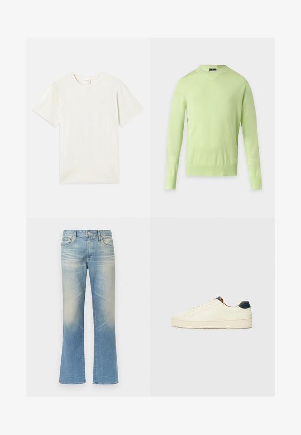 Lichtgroene trui met ronde hals en lange mouwen, met geribbelde manchetten en zoom, op een effen lichte achtergrond.; Korte mouwen, ronde hals t-shirt in licht beige, zachte katoenen textuur met een relaxte pasvorm en zonder zichtbare patronen of accenten.; Lichtblauwe denim flared jeans met een vervaagde finish, vijfzakkenontwerp, metalen knoopsluiting en rechte zoom.; Witte leren sneaker met een gestructureerde oppervlakte, ronde neus en een marineblauwe hielaccent. Bevat zijnaadstiksels en een gestructureerde zool.