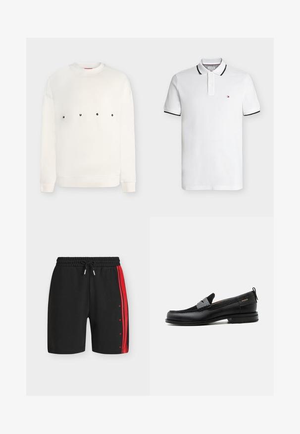 Sweat-shirt blanc à manches longues avec col rond, imprimé "HUGO" en lettres noires espacées sur la poitrine.; Polo blanc à manches courtes avec bordure noire au col et aux manches et un petit logo rectangulaire rouge, blanc et bleu sur la poitrine.; Shorts de sport noirs avec taille élastique et cordon, avec une bande rouge verticale et le texte « HUGO » sur le côté droit.; Mocassin en cuir noir avec détail de bride grise, talon bas et semelle texturée, marqué "HUGO" en or sur le côté.