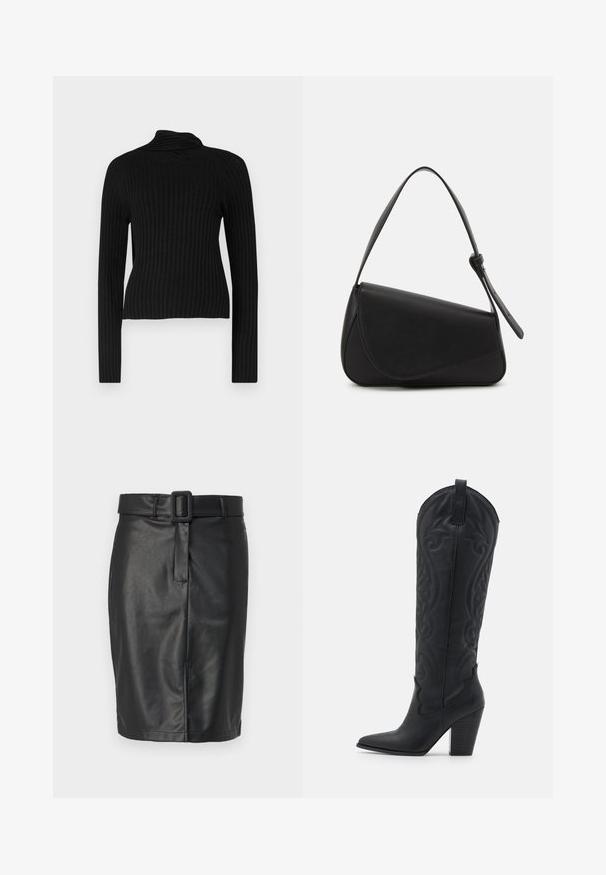 Must mustriga turtleneck-sviiter, millel on pikad varrukad ja vormitud siluett. Omab tekstureeritud kangast ja pehmet, venivat materjali.; Must muströögiga nahkse all, millel on kitsas lõike, lai vööpandlus, sile tekstuur ja sirge äär, mis ulatub põlve kohale.; Zign by Zalando LEATHER - Kauboi-/mootorrattasaapad - black; Mustmust värvi nahk-käekott, kolmnurkse kujuga, kaldega klapp ja ümar pehandle. Omab siledat tekstuuri ja minimalistikku kujundust.