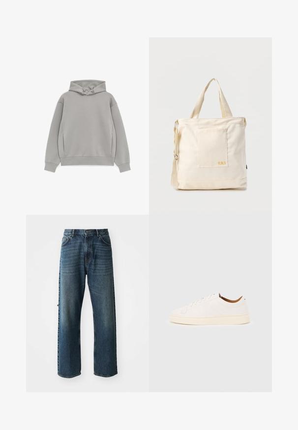 ARKET Hættetrøje - mole; NN.07 OTIS - Jeans Straight Leg - stonewashed; Hvid lavtop-sneakers med snørelukning, minimale syningsdetaljer og en cremefarvet sål på en lysegrå baggrund.; Kremfarvet lærredstote-taske med frontlomme, to håndtag, justerbar skulderrem og lille gul "O.N.S" tekst i nederste højre hjørne af lommen.