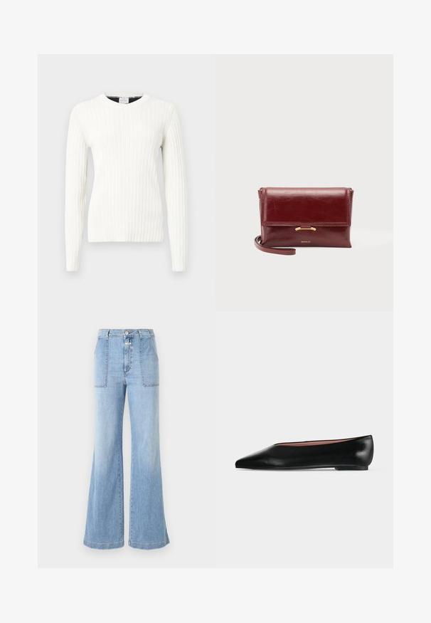 Hvid ribstrikket sweater med lange ærmer, rund halsudskæring og en blød tekstur. Har en tætsiddende silhuet og diskrete vandrette linjer.; CLOSED ARIA - Flared jeans - light blue; Sort damesko i læder med flad hæl og spids tå, vist fra siden på en ensfarvet lys grå baggrund.; Lille burgunder læder clutch taske med klaplukning, gulddetalje og håndledsrem, der hviler på en ensfarvet baggrund.