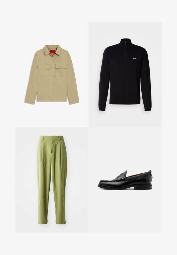 Sort langærmet pullover med halvlukket lynlås ved kraven, med ribbet tekstur og hvid "BOSS"-logo på brystet. Blød stoffinish.; Beige skjorte med lange ærmer, to brystlommer og HUGO-logo. Har en klassisk krave og glat tekstur.; Lys grønne bukser lavet af et struktureret stof, med en lige form, folder foran og en standard talje.; Sort læder herre loafer med moc-tå syning, penny strop, struktureret krave og lav stablet hæl på hvid baggrund.