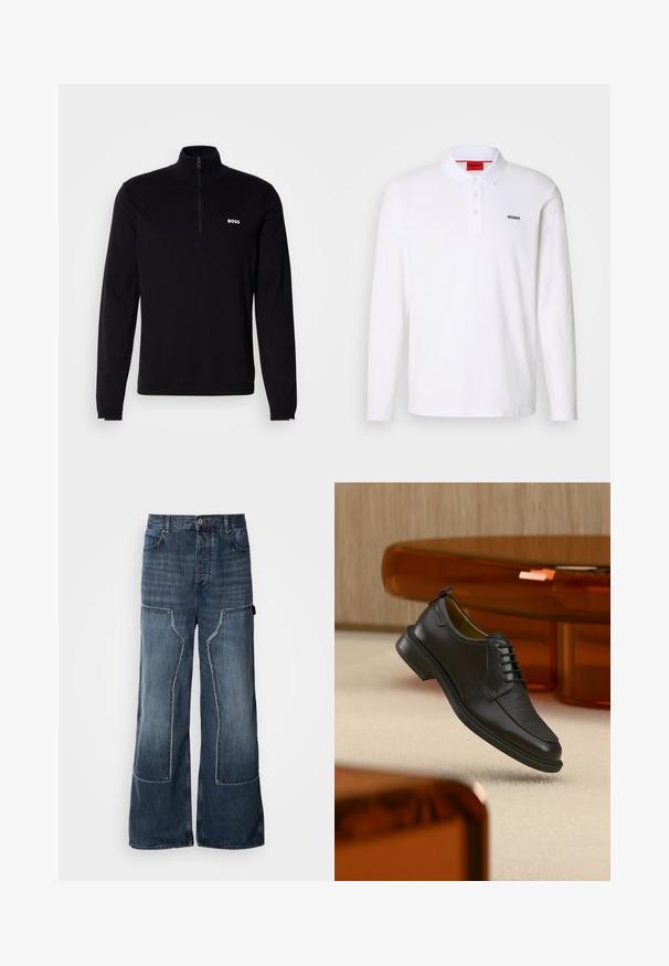 Mustast pikkade varrukatega pullover poolteibiga kaelusega, millel on sooniline tekstuur ja valge "BOSS" logo rinnal. Pehme kangaviimistlus.; Valge pika varrukaga polo särk, mis on tehtud puuvillast, krae ja kolme nupuga, must "HUGO" logo vasakul rinnal.; Laiad sinised denim püksid laia jalgadega, millel on lapitööd, kontrastõmblused, suured küljetaskud ja nööbiga kinnitamine.; Mustast nahast pitsidega kleitking tekstureeritud esiosaga, hõljumas beeži vaiba kohal moodsas toas, millel on merevaigutoonilised mööbliesemed.