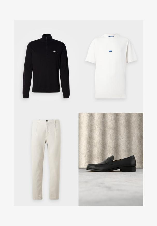 Mustast pikkade varrukatega pullover poolteibiga kaelusega, millel on sooniline tekstuur ja valge "BOSS" logo rinnal. Pehme kangaviimistlus.; Valge lühikeste varrukatega T-särk, mille keskel on sinine väikese ristkülikukujuline logo, millel on kiri "HUGO", ükslainer taust.; Beige puuvillased püksid sirge jala disainiga, millel on üks must nööp-kinnitus ja kaks esimest taskut. Sile tekstuur.; Mustast nahast mokassiinikujuline king hõljub beežika vaiba kohal, taga on läikiv pruun ümar laud.