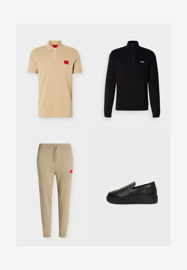 Pull-over noir à manches longues avec col à demi-fermeture éclair, présentant une texture côtelée et un logo blanc "BOSS" sur la poitrine. Finition en tissu doux.; Polo beige à manches courtes avec trois boutons, un col et des poignets côtelés, et des patchs logo "HUGO" rouges sur la poitrine et à l'intérieur du col.; Pantalon de jogging beige fuselé avec taille élastique, cordon de serrage, poches latérales, poignets côtelés et petite étiquette logo Hugo rouge sur la cuisse gauche.; Chaussure noire en cuir à enfiler avec semelle épaisse et petits trous de ventilation latéraux, avec un logo doré "HUGO" près du talon.