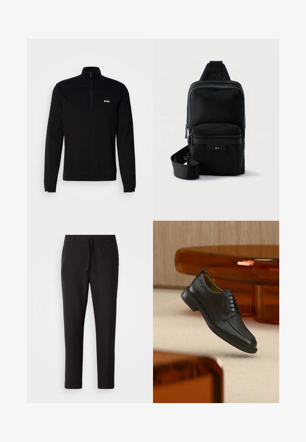 Pull-over noir à manches longues avec col à demi-fermeture éclair, présentant une texture côtelée et un logo blanc "BOSS" sur la poitrine. Finition en tissu doux.; Pantalons de jogging noirs en tissu lisse. Dotés d'une taille élastique avec cordon de serrage, jambes fuselées, et sans poches visibles. Design simple.; Chaussure habillée noire en cuir à lacets avec devant texturé, flottant au-dessus d'un tapis beige dans une pièce moderne avec des meubles teintés d'ambre.; Sac bandoulière compact noir avec poche zippée à l'avant, sangle réglable et tissu texturé sur fond uni.