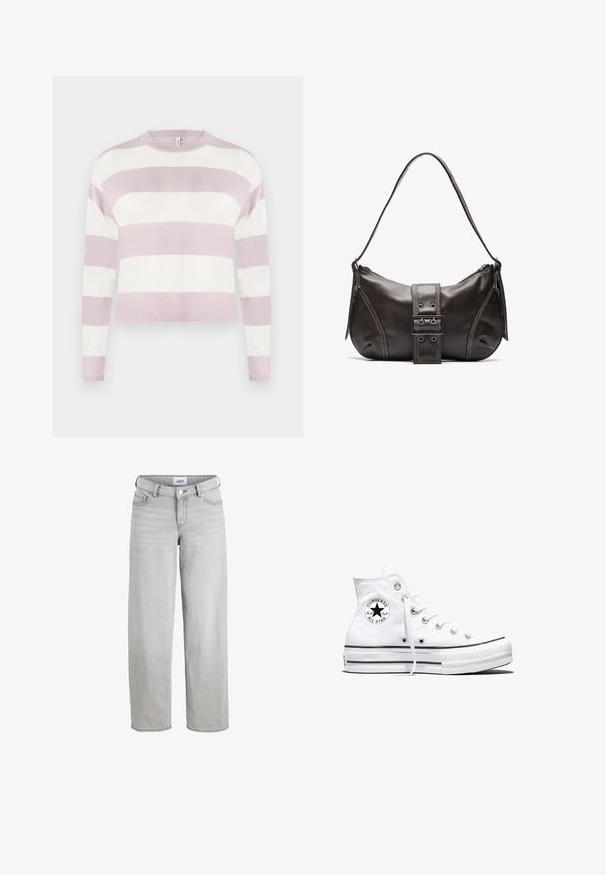 Suéter de punto a rayas en rosa claro y blanco, con mangas largas, cuello redondo y puños acanalados, que presenta un diseño corto y una textura suave.; Jeans de mezclilla gris claro con un corte relajado, piernas rectas y una cintura de altura media. Presenta presillas para cinturón, cierre de botón y bolsillos estándar.; Zapatilla blanca de caña alta Converse Chuck Taylor All Star con parche de logo negro y cordones blancos, presentada sobre fondo blanco.; Bolso de hombro de cuero marrón con forma curva, que presenta un prominente detalle de hebilla, costuras en contraste y una sola correa para el hombro.