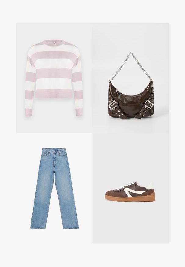 Lyserød og hvidstribet strikket sweater med lange ærmer, rund hals og ribbet manchet, med et kort snit og glat tekstur.; Lys blå denim jeans med høj talje, lige ben-design, der har fem lommer og en knaplukning. Ingen synlige mønstre.; Brun sneaker med hvide detaljer, lavet af glatte og teksturerede materialer, udstyret med en gummisål og snørelukning, med et sporty design.; Mørkebrunt patentlæder håndtaske med sølv kæderekke, dekorerede dobbelte spænder og lynlås lukning.