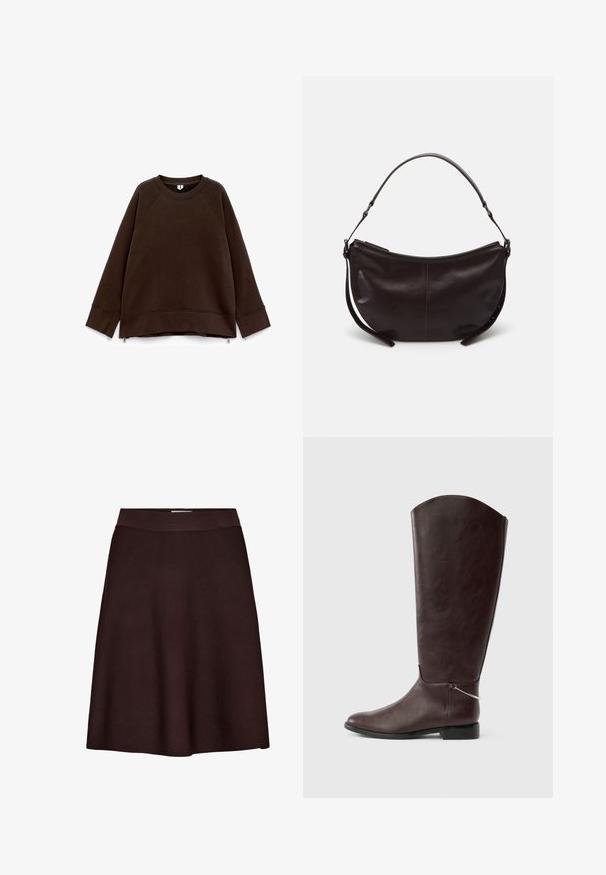 Sudadera de manga larga color marrón oscuro con cuello redondo, hombros caídos, puños anchos y pequeños cremalleras laterales en el dobladillo.; Falda marrón oscuro en línea A con cintura ajustada, hecha de una tela lisa y texturizada, mostrada sobre un fondo blanco.; Bota de cuero marrón oscuro hasta la rodilla, con tacón plano y un pequeño colgante decorativo plateado cerca del tobillo, sobre un fondo blanco.; Bolso de hombro de cuero marrón oscuro con forma curvada, textura suave y una sola correa ajustable. Cuenta con un cierre de cremallera.