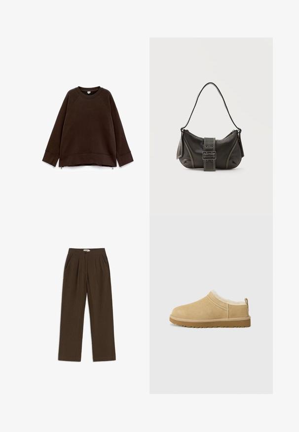 Sweatshirt long à manches longues marron foncé avec un col rond, des épaules tombantes, des poignets larges et de petites fermetures éclair sur les côtés à l'ourlet.; Pantalon droit marron texturé avec plis à l'avant, poches latérales, fermeture par bouton, et taille avec passants pour ceinture.; Chaussure en daim à enfiler de couleur beige clair, dotée d'une douce doublure en fourrure et d'une semelle en caoutchouc texturé avec un léger talon et une sangle à l'arrière pour un enfilage facile.; Sac à épaule en cuir noir avec une sangle à boucle, des bords arrondis et des coutures blanches contrastées sur un fond uni.