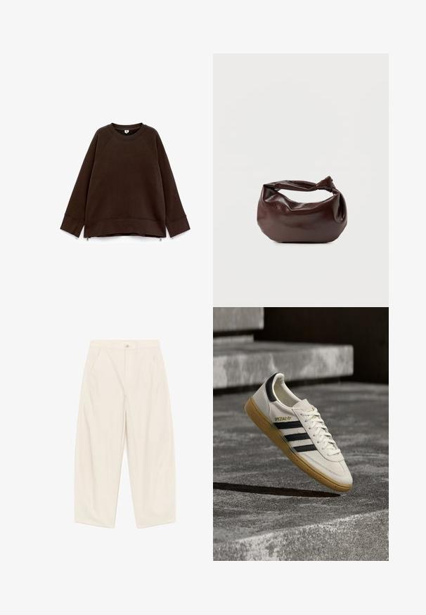 Sweatshirt long à manches longues marron foncé avec un col rond, des épaules tombantes, des poignets larges et de petites fermetures éclair sur les côtés à l'ourlet.; Pantalon crème à taille haute et jambes larges, avec bouton avant, fermeture éclair, passants pour ceinture et poches latérales inclinées.; Baskets Adidas Spezial blanches avec des rayures noires et une semelle en gomme flottant au-dessus de marches en pierre grises à l'extérieur.; Sac bandoulière en cuir marron foncé avec une forme souple et décontractée et une anse nouée torsadée sur un fond blanc uni.