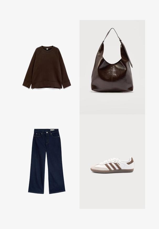 Mørkebrun langærmet sweatshirt med rund hals, dropped skuldre, brede manchetter og små lynlåse i siden ved sømmen.; Bredde ben mørkeblå denimjeans med høj talje, fem-lomme design, kobber nitter og kontrasterende gul syninger.; Hvid Adidas Samba sneaker med brune ruskindstriber, brun gummisål og beige ruskindståhætte, vist fra ydersiden på en ensfarvet baggrund.; Mørkebrunt, skinnende læder skuldertaske med en enkelt bred rem og spændedetalje på den ene side, sat mod en ensartet lys baggrund.