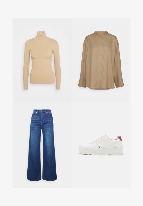 Pull à col roulé beige côtelé avec des manches longues, présentant une silhouette ajustée et une texture lisse. Pas de matériel ou de motifs visibles.; Libertine-Libertine IRON - Chemisier - tan; Jeans en denim à jambes larges de couleur indigo moyen, avec une taille haute, des poches avant et un dégradé subtil. Design classique à cinq poches avec des détails de couture.; Baskets plateformes blanches avec tige texturée, œillets dorés, accents roses et un détail en imprimé léopard sur le talon. Semelle en caoutchouc.