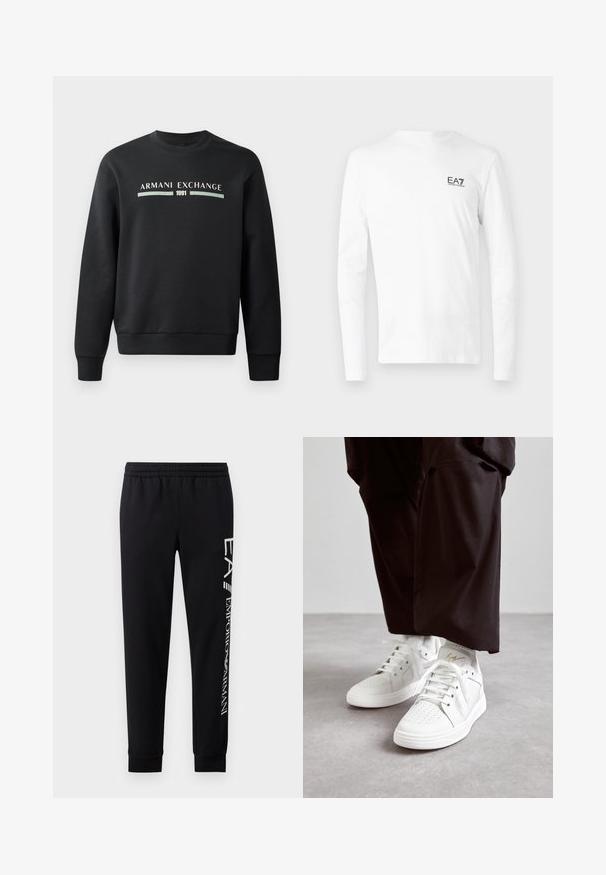 Schwarzer Sweatshirt aus weichem Stoff. Mit Rundhalsausschnitt und langen Ärmeln. Auf der Vorderseite sind "ARMANI EXCHANGE" und "1991" in kontrastierenden Farben gedruckt.; Weißes Langarm-T-Shirt aus Baumwolle mit kleinem schwarzem EA7-Logo auf der linken Brust. Einfaches Design mit Rundhalsausschnitt.; Schwarze Sweatpants aus Baumwollmischung mit elastischem Taillenbund, schmal zulaufenden Beinen, gerippten Bündchen und weißem Logo-Druck entlang der Seite.; Weiße High-Top-Sneaker aus glattem Leder mit perforierten Zehen, flachen weißen Schnürsenkeln und einem subtilen goldenen Akzent an der Ferse.