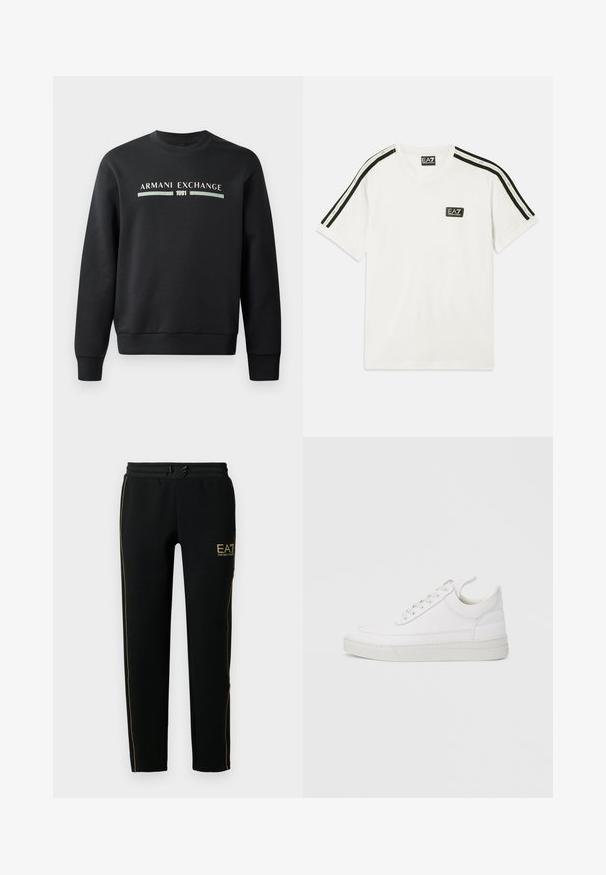 Zwarte sweatshirt gemaakt van zachte stof. Heeft een ronde hals en lange mouwen. De voorkant toont "ARMANI EXCHANGE" en "1991" in contrasterende kleuren.; Witte katoenen t-shirt met een ronde halslijn, korte mouwen, zwarte accentstrepen op de schouders en een klein EA7-logo op de borst.; Zwarte joggingsbroek met een taps toelopend ontwerp, elastische tailleband met trekkoord en gouden accentstrepen langs de zijkanten en het logo.; Witte leren sneaker met een afgeronde neus, platte zool en veters aan de voorkant. Voorzien van stikseldetails en een gevoerde kraag voor comfort.
