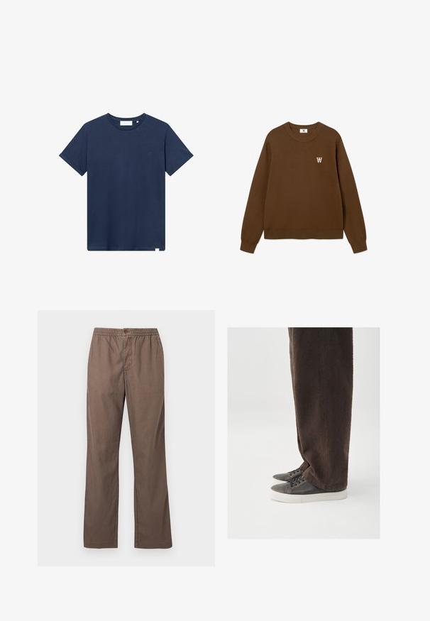 Brauner Pullover mit Rundhalsausschnitt und gerippten Bündchen. Auf der linken Brustseite befindet sich ein kleines weißes Logo. Hergestellt aus weichem Stoff mit glatter Struktur.; Navyblaue Baumwoll-T-Shirt mit rundem Halsausschnitt, kurzen Ärmeln und einem kleinen gestickten Logo auf der linken Brust. Glatte Textur.; Braune Freizeithose mit elastischem Bund, Knopfverschluss, geraden Beinen und Vordertaschen, dargestellt vor einem schlichten weißen Hintergrund.; Dunkelbraune, strukturierte Hose kombiniert mit grauen Sneakern, die ein glattes Lederobermaterial, eine abgerundete Spitze und eine weiße Gummisohle aufweisen.