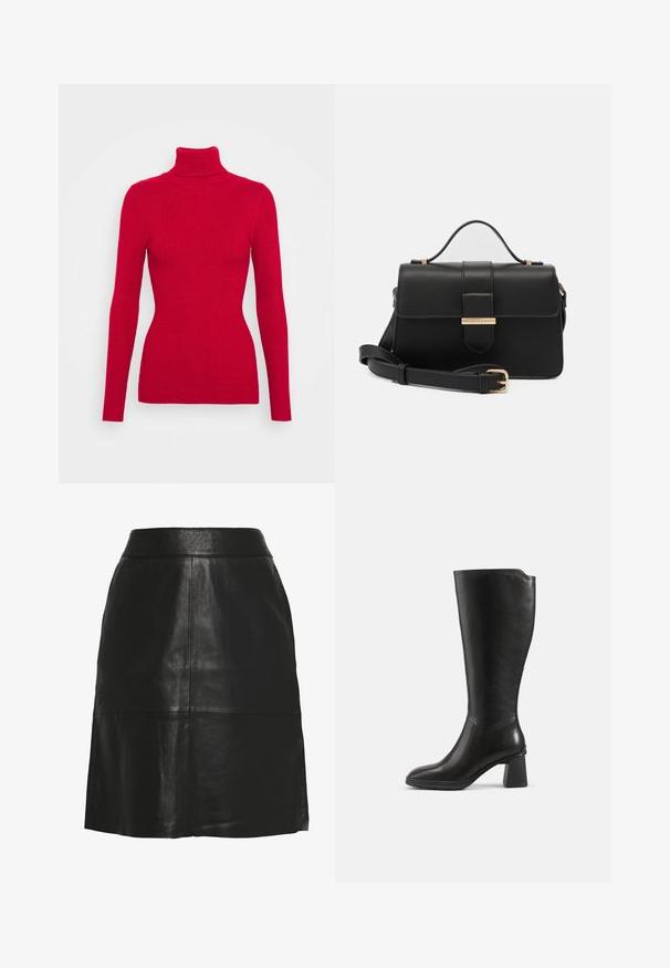 Rød ribbet turtleneck sweater med lange ærmer, struktureret stof, tætsiddende silhuet og høj krave. Ingen synlige detaljer.; Sort nederdel i imiteret læder med A-form, høj talje og synlige sømdetaljer hen over fronten og nær nederste kant.; Sort knæhøj læderstøvle med blokhæl og rundet tå, vist fra siden på en ensfarvet baggrund.; Sort læderhåndtaske med gyldne metalaccenter, rektangulær form, flaplukning, justerbar skulderrem, glat tekstur, minimalistisk design.