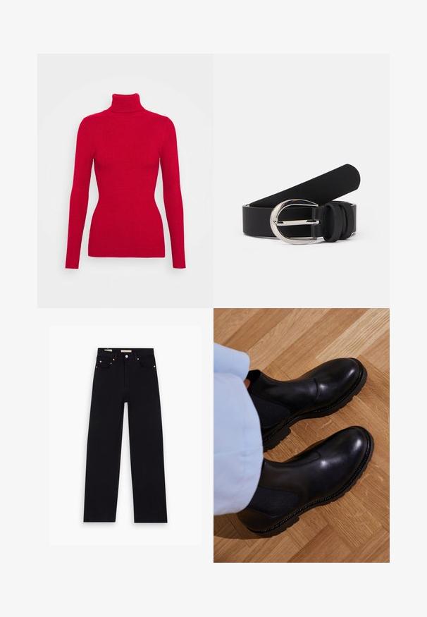 Rode geribbelde turtleneck trui met lange mouwen, gestructureerde stof, getailleerde silhouet en hoge kraag. Geen zichtbare versieringen.; Zwarte denim jeans met een recht model, vijf zakken, koperen hardware en een gladde textuur. Twee labels zichtbaar op de tailleband.; Zwarte enkellaarzen van soepel leer met elastische zijpanelen, een getextureerde rubberen zool en contrasterende stiklijnen langs de rand.; Zwarte leren riem met een gladde textuur, voorzien van een zilverkleurige metalen gesp en eenvoudige lusaccenten. Het ontwerp is strak en minimalistisch.