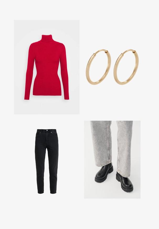 Pull en maille côtelée rouge avec un col roulé, des manches longues, un tissu texturé, une coupe ajustée et un col montant. Pas d'embellissements visibles.; Jean en denim noir taille haute avec bouton et fermeture éclair à l'avant, deux poches avant et jambe fuselée sur fond blanc.; Vagabond COSMO - Bottines à plateau - black; Boucles d'oreilles en or en forme de créoles, avec une finition lisse et polie. Forme arrondie, de taille moyenne, dotées d'un mécanisme de fermeture sécurisé.