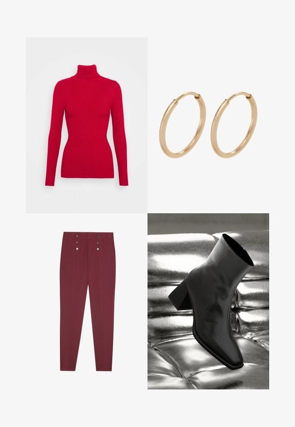 Suéter rojo de cuello alto con acanalado, mangas largas, tejido texturizado, silueta ajustada y cuello alto. Sin adornos visibles.; Pantalones cortos burdeos a medida con bolsillos laterales, con una textura suave y cuatro botones decorativos plateados en la cintura.; Botín negro de tobillo hecho de material brillante, con punta cuadrada y tacón cónico, contra un fondo plateado brillante con almohadillado.; Pendientes de aro de oro con un acabado suave y pulido. Forma redondeada, tamaño mediano, con un mecanismo de cierre seguro.
