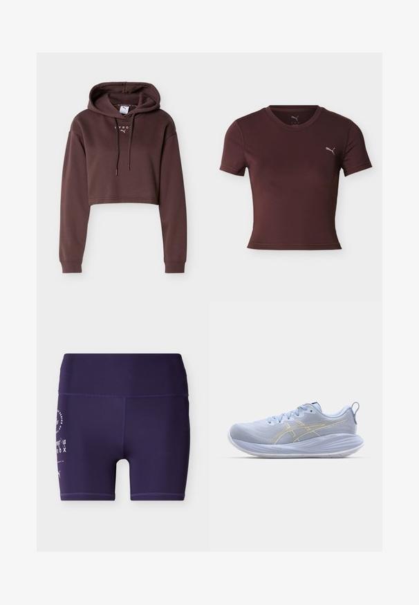 Brauner Cropped-Hoodie mit langen Ärmeln, Kordelzugkapuze und kleinem weißen Puma- sowie HYROX-Logo auf der Brust vor hellem Hintergrund.; Kurzärmeliges, tailliertes Sportshirt in Kastanienbraun mit Rundhalsausschnitt und kleinem Puma-Logo auf der linken Brust vor weißem Hintergrund.; Dunkellila, hoch taillierte, enganliegende Sportshorts mit weißem Aufdruck und Logo auf dem linken Oberschenkel, dargestellt vor einfachem Hintergrund.; Helleblaue Sportchuhe mit einem strukturierten Obermaterial, weißer Sohle und goldenen Akzentstreifen. Zu den Merkmalen gehören Schnürsenkel und eine Zuglasche an der Rückseite.