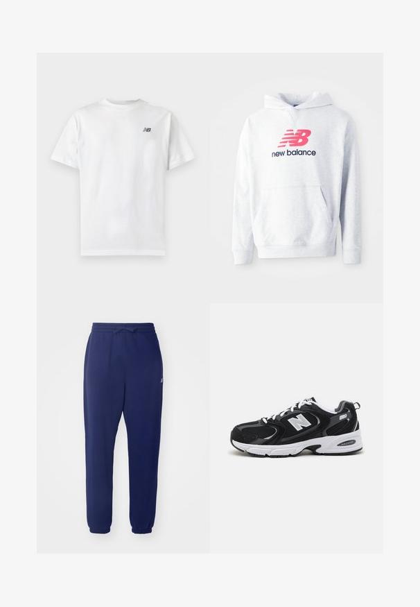 Lichtgrijze hoodie met een voorste kangoeroezak en een rood "NB" logo boven de tekst "new balance" in zwart op de borst.; Witte T-shirt met korte mouwen en ronde hals met een klein zwart New Balance-logo op de linker bovenkant van de borst op een effen lichte achtergrond.; Marineblauwe joggers met elastische tailleband en trekkoord, taps toelopende pijpen en ribgebreide boorden. Gemaakt van zachte stof met minimale branding.; Zwarte en grijze sport schoenen met een bovenwerk van mesh en suede, voorzien van een witte tussenzool, veters en een gedurfde "N"-logo aan de zijkant.