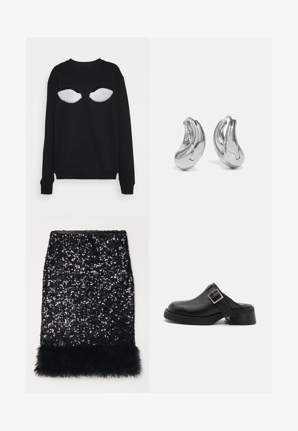 Christopher Kane THE GOODBYE - Sweatshirt - black; Schwarzer Pailletten-Bleistiftrock mit einem strukturierten, flauschigen Saum. Bietet eine taillierte Form und eine glänzende Oberfläche, die einen auffälligen Kontrast der Materialien schafft.; Schwarze Lederclogs mit strukturierter Oberfläche, verstellbarem Schnallenriemen und einem stabilen Absatz. Glatte, runde Zehenform mit einer soliden schwarzen Sohle.; Silberne Creolen mit einer gebogenen, glänzenden Oberfläche und einem nahtlosen Design. Verfügt über einen Scharnierverschluss für sicheren Halt.