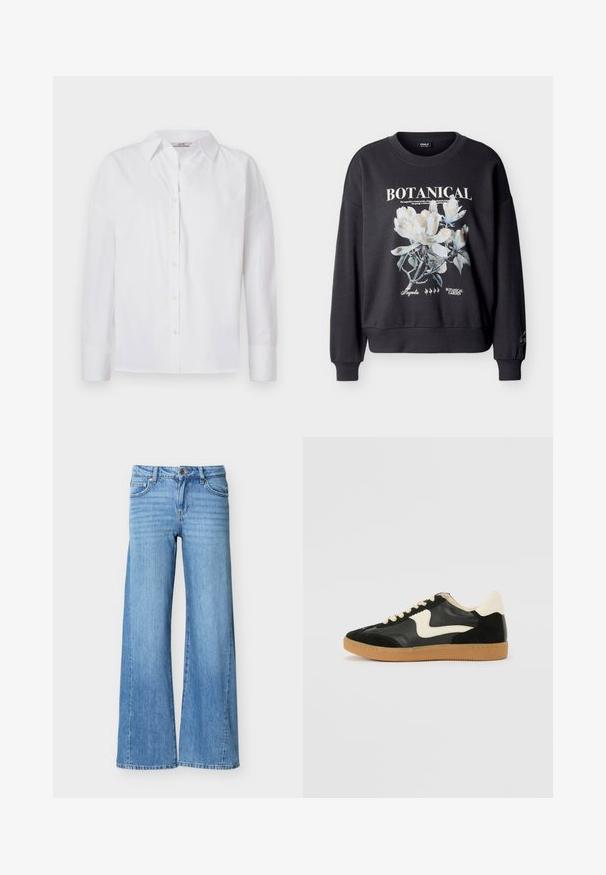Sort sweatshirt med hvidt og guld magnoliablomsterdesign, tekstene "BOTANICAL," "Magnolia" og "BOTANICAL GARDEN" på forsiden, rund hals og lange ærmer.; Hvid skjorte med knapper, lavet af bomuld, med lange ærmer, klassisk krave og subtile syningsdetaljer.; Lyseblå denimjeans med høj talje, knap- og lynlåslukning, forlommer og vide ben.; Sorte ruskinds- og lædersneakers med en cremefarvet side-swoosh og lys cremefarvet hæl. Har beige snørebånd og en gummirubber-sål.